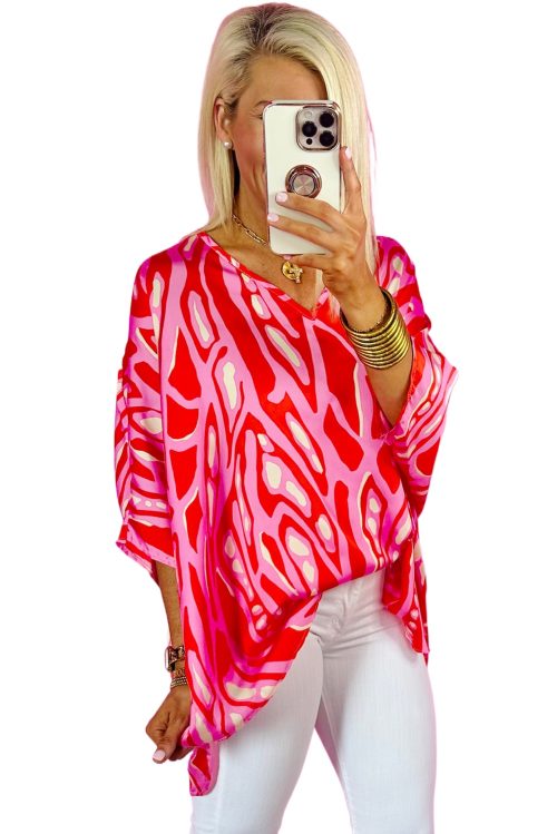 Women's Red Abstract Print V Neck Batwing Sleeve Oversized Blouse - Stylish and Lightweight