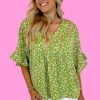 Women's Green Floral Print Ruffle Sleeve V Neck Blouse - Lightweight Summer Top - Image 2