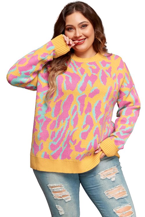 Plus Size Bright Pink Leopard Ribbed Trim Long Sleeve Sweater