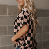 Women's Light French Beige Checkmate Boyfriend Casual Tee - Stylish Checker Pattern - Image 3