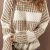 Women's Brown Stripe Drop Shoulder Round Neck Loose Sweater - Image 2