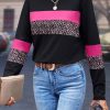 Women's Rose Leopard Colorblock Patchwork Crew Neck Long Sleeve Tee - Image 2