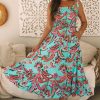 Women's Green Abstract Print Smocked Bodice Knotted Straps Ruffled Maxi Dress - Elegant Bohemian Style - Image 3