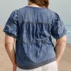 Women's Plus Size Sail Blue Drawstring V Neck Puff Sleeve Denim Blouse - Image 2