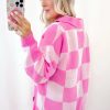 Women's Pink Checkerboard Half Button Collared Drop Shoulder Sweater - Image 2