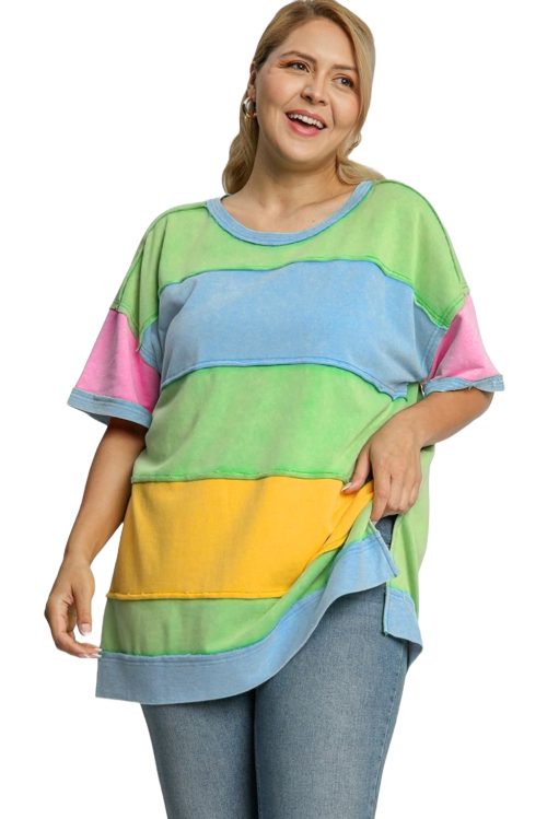 Women's Plus Size Light Blue Color Block Exposed Seam Patchwork T-Shirt