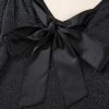 Women's Metallic Black Bowknot Open Back V Neck Long Sleeve Top - Image 13