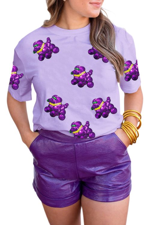 Women's Wisteria Sequin Balloon Puppy Graphic Mardi Gras Tee