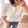 Elegant Beige Eyelet Embroidered Half Sleeve Blouse for Women - Image 2