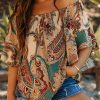Women's Apricot Paisley Printed Off Shoulder Blouse with Ruffled Draped Sleeves - Image 7