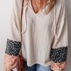 Women's Beige Floral Patchwork Textured Knit Drawstring V Neck Blouse - Image 6