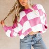 Women's Elegant Rose Stripe Checkered Bishop Sleeve Sweater - Luxuriously Soft Fabric - Image 2