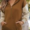 Women's Stylish Chestnut Color Block Half Zip Hoodie - Image 10