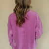 Women's Bright Pink Solid Color Notched Neck Drop Shoulder Sweatshirt - Image 3