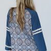 Women's Blue Geometric Printed Lace Patchwork Raglan Long Sleeve Top - Image 2