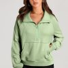 Women's Smoke Green Quarter Zip Stand Neck Sweatshirt with Kangaroo Pocket - Image 3