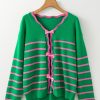 Women's Green Stripe Colorblock Cardigan with Cute Bow Detail - Image 4