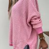 Women's Pink Striped Scallop V Neck Loose Sweater with Side Slits - Image 13