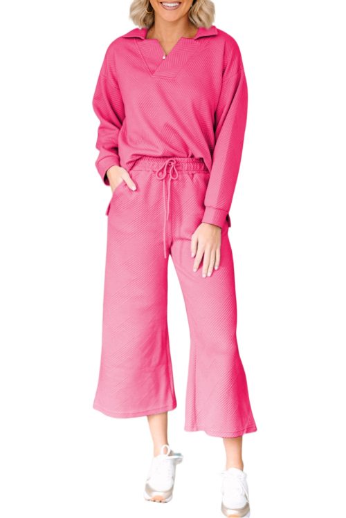 Bonbon Pink Textured V Neck Top and Wide Leg Pants Set for Women