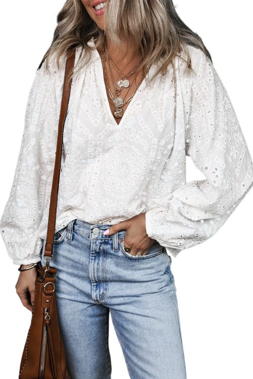 Women's White Eyelet Embroidered V Neck Puff Sleeve Blouse