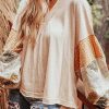 Women's Jet Stream Palm Leaves Polka Dot Puff Sleeve Patchwork V Neck Blouse - Image 2