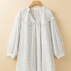 Women's White Stripe Checkered Frilled V Neck Bracelet Sleeve Babydoll Dress - Image 5