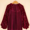 Women's Red Velvet Top with Sequin Patchwork Sleeves - Button Up Style - Image 10