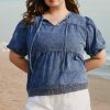 Women's Plus Size Sail Blue Drawstring V Neck Puff Sleeve Denim Blouse - Image 6