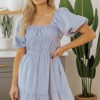 Women's Sky Blue Stripe Bubble Sleeve Square Neck Ruched Pocketed Babydoll Dress - Image 7