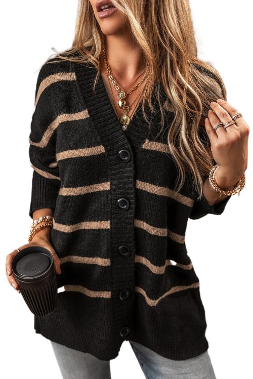 Women's Loose Fit Black Stripe V Neck Buttoned Drop Shoulder Cardigan