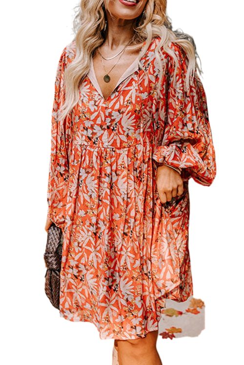 Plus Size Orange Floral Print Split V Neck Bubble Sleeve Midi Dress