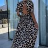 Women's Khaki Leopard V Neck Cinched High Waist Open Back Maxi Dress - Image 5