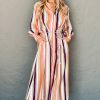 Women's White Multicolor Striped Cuffed Sleeve Tassel Tied Maxi Dress - Image 6