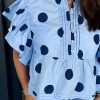 Elegant Sky Blue Polka Dot Ruffled Short Sleeve Buttoned Collared Blouse for Women - Image 5