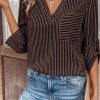 Women's Brown Stripe V Neck Roll Up Sleeve Classic Shirt with Pocket - Image 5