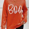 Women's Orange Halloween Boo Knitted Pattern Ribbed Edge Drop Shoulder Sweater - Image 3