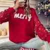 Women's Racing Red Merry Graphic Turtleneck Sweater with Sequin Sleeves - Image 6