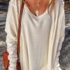 Women's Oversized White Waffle Knit Exposed Seam V Neck Top - Image 6