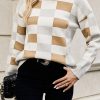 Women's Khaki Checkered Ribbed Edge O Neck Drop Shoulder Sweater - Image 4