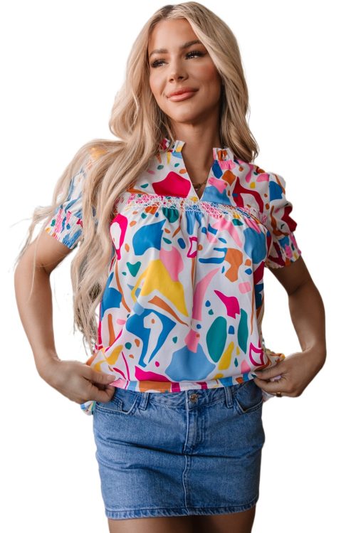 Women's Multicolour Abstract Print Blouse with Lace Detail and Shirred Short Sleeves