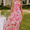 Women's Pink Abstract Floral Print Shirred One Shoulder Maxi Dress for Summer - Image 10