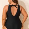 Plus Size Black Halter Mesh Insert One Piece Swimsuit with Knotted Back - Image 2