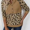 Women's Light French Beige Leopard Print Patchwork Raglan Sleeve Half Buttons Hoodie - Image 6