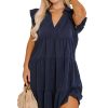 Elegant Navy Blue Plus Size Dress with Collared V Neck and Flutter Sleeves - Image 24