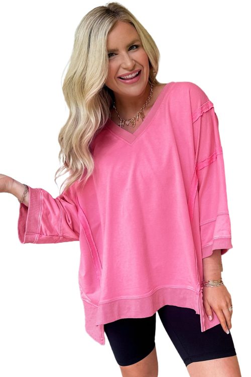 Women's Bonbon Mineral Washed V Neck Long Sleeve T-Shirt with Bracelate Sleeves