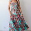 Women's Green Abstract Print Smocked Bodice Knotted Straps Ruffled Maxi Dress - Elegant Bohemian Style - Image 11