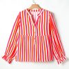 Women's Orange Stripe Balloon Sleeve Notched V Neck Blouse with Buttoned Front - Image 5