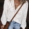 Elegant White Eyelet Embroidered Puff Sleeve V Neck Blouse for Women - Image 3