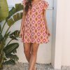 Women's Orange Geometric Floral V Neck Mini Dress with Ruffled Sleeves - Image 6