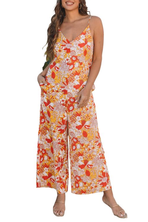 Women's Orange Floral V Neck Wide Leg Sleeveless Jumpsuit - Casual Summer Style